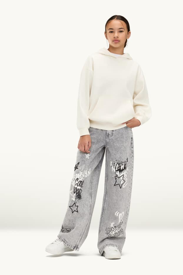 Children Girls - Graffiti - baggy jeans - denim-light gray