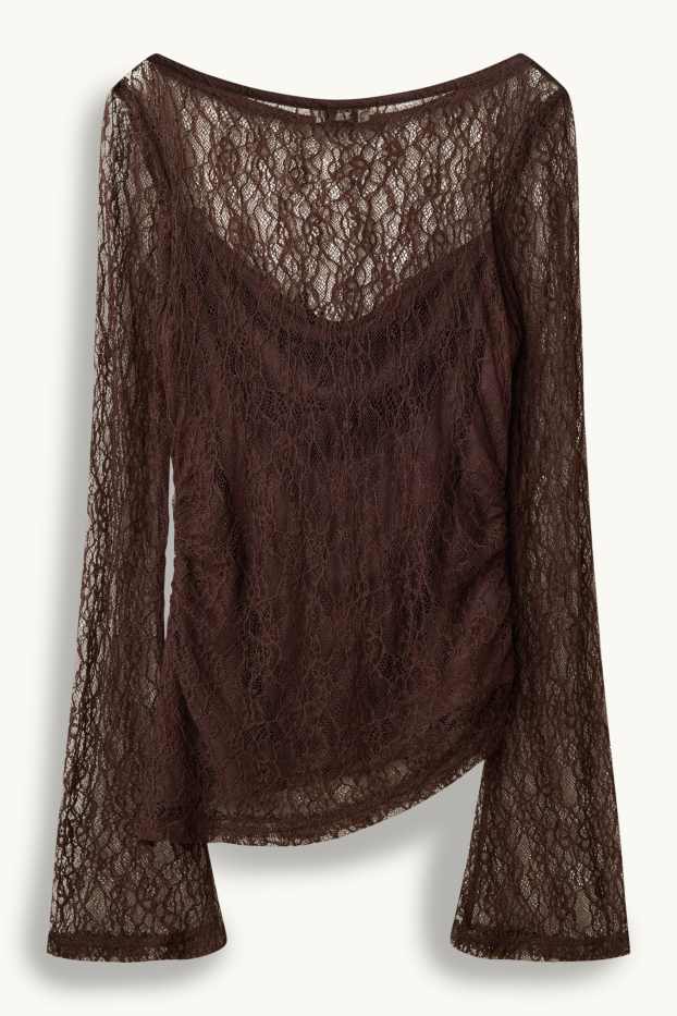 Femei - Tricou cu mânecă lungă din dantelă - slim fit - maro închis
