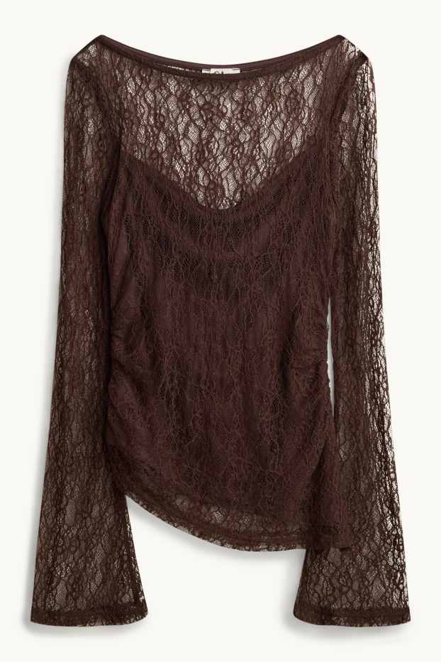 Femei - Tricou cu mânecă lungă din dantelă - slim fit - maro închis