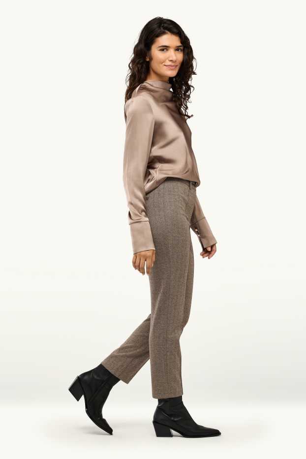 Women - Cloth trousers with belt - mid-rise waist - tapered fit - patterned - brown