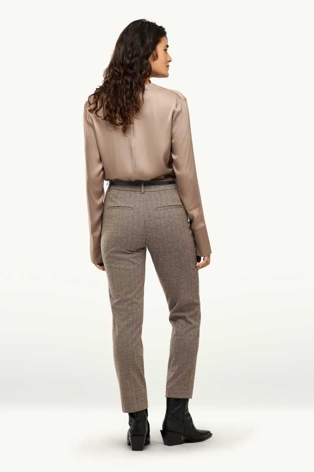 Women - Cloth trousers with belt - mid-rise waist - tapered fit - patterned - brown