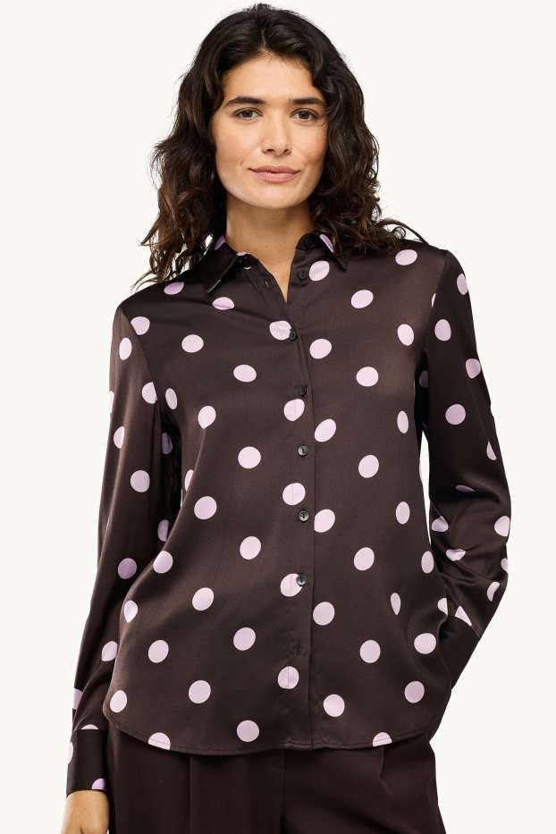 Femmes - Blouse-chemise en satin - à pois - marron / rose