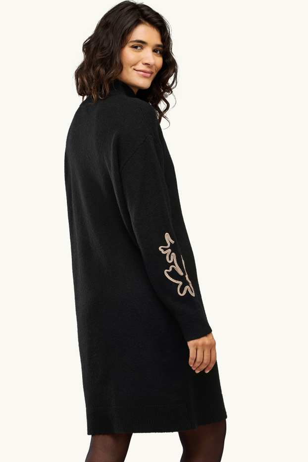 Dames - Gebreide jurk - straight fit - gebloemd - zwart