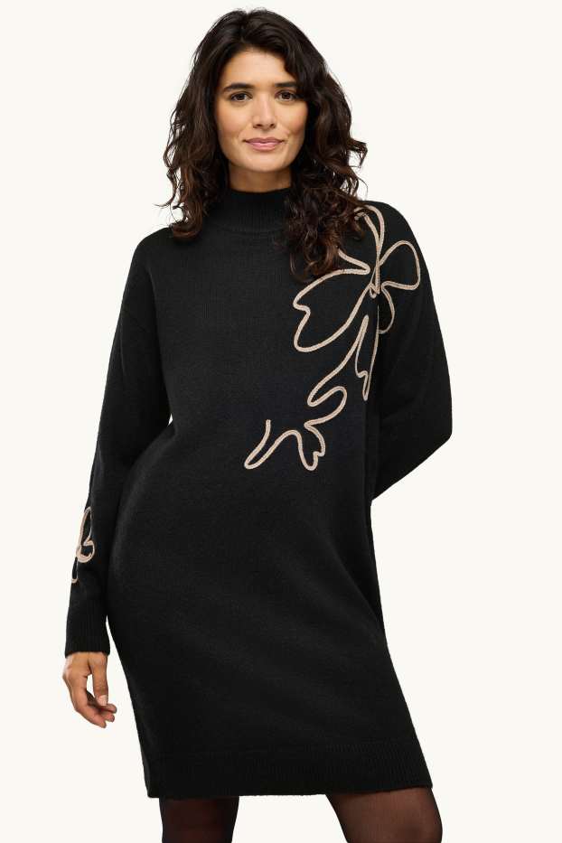 Dames - Gebreide jurk - straight fit - gebloemd - zwart