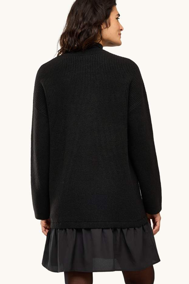 Women - Knitted dress - ribbed - 2-in-1 look - black