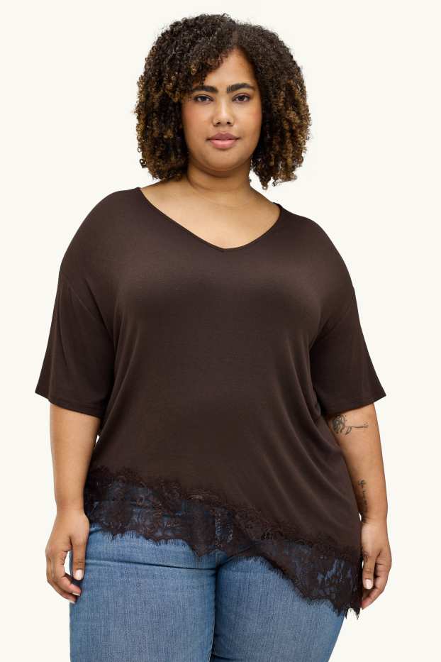 Donna - T-shirt con scollo a V - curvy fit - marrone scuro