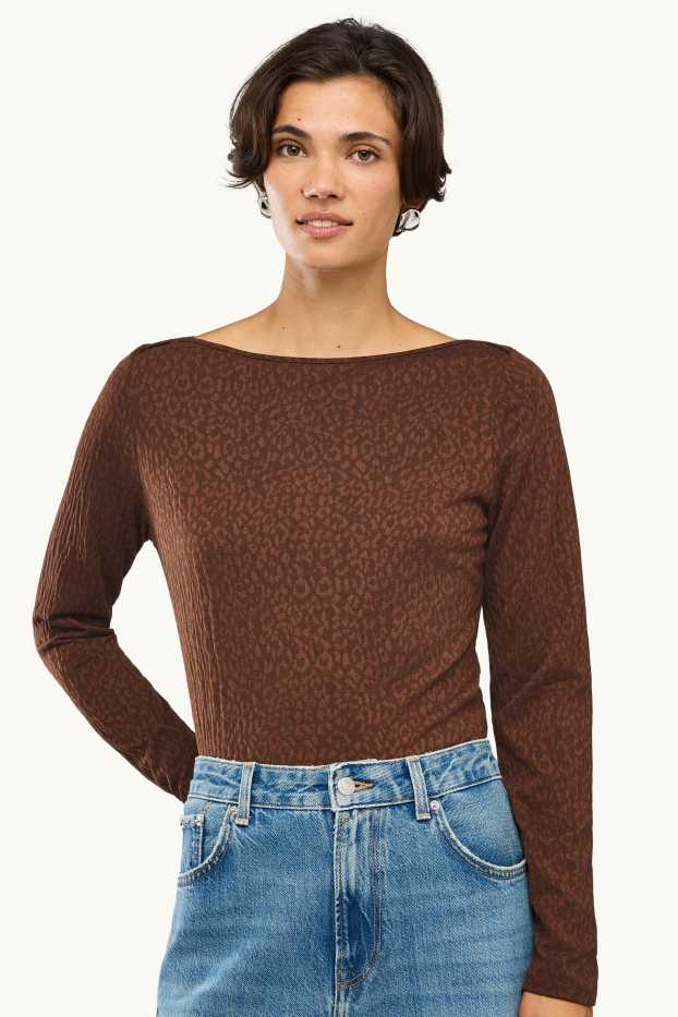 Dona - Samarreta de màniga llarga - regular fit - texturada - estampat de lleopard - marró fosc
