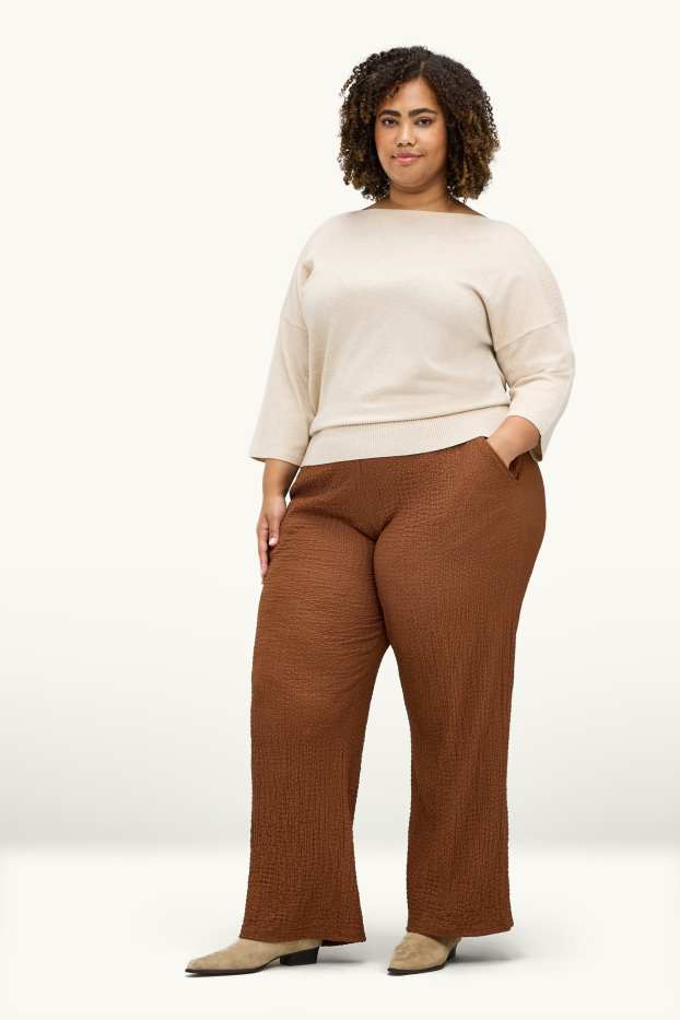 Dámské - Plátěné kalhoty - mid waist - straight fit - strukturované - rezavě hnědá