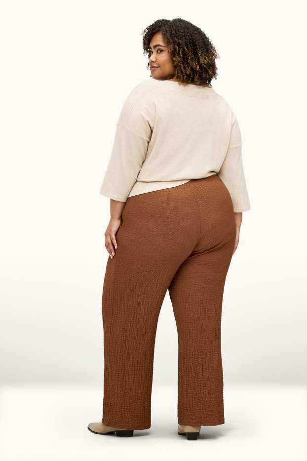 Dámské - Plátěné kalhoty - mid waist - straight fit - strukturované - rezavě hnědá