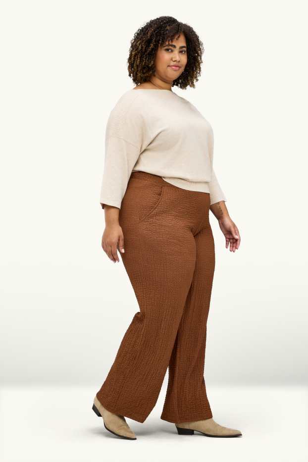Dámské - Plátěné kalhoty - mid waist - straight fit - strukturované - rezavě hnědá