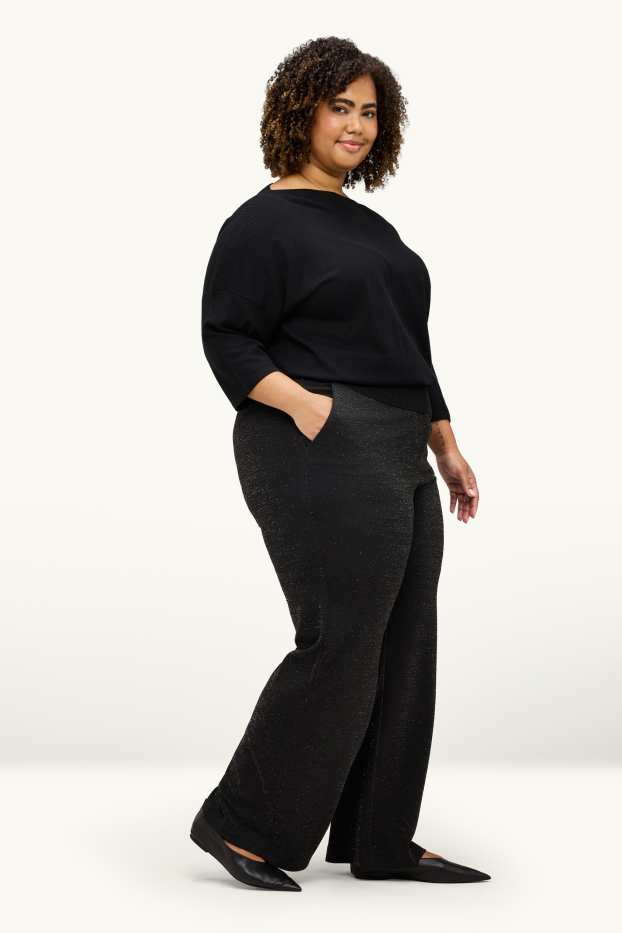 Femei - Pantaloni din jerseu - talie medie - wide leg - aspect lucios - negru