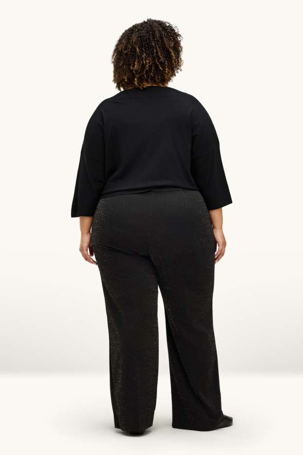 Femei - Pantaloni din jerseu - talie medie - wide leg - aspect lucios - negru