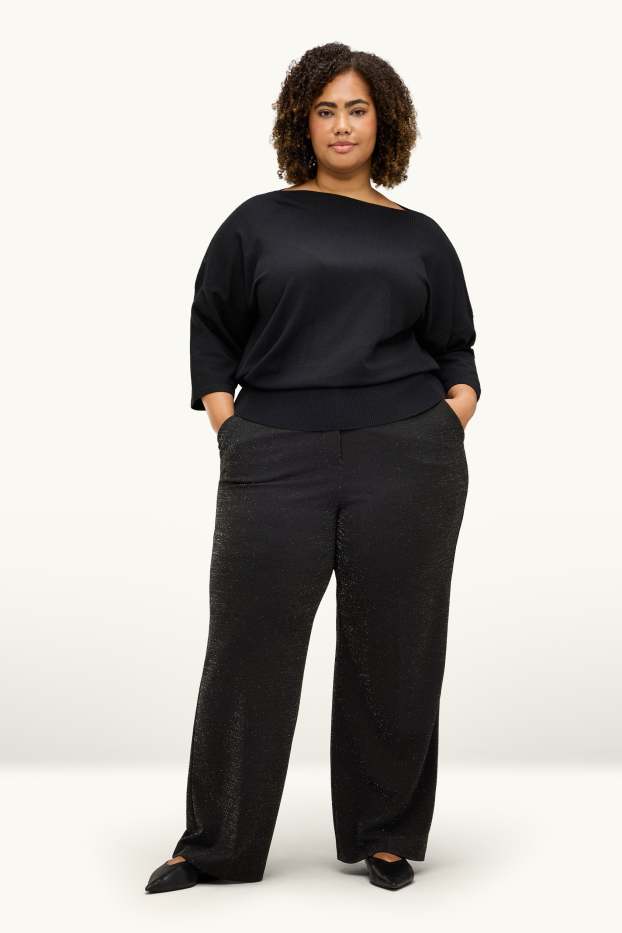Femei - Pantaloni din jerseu - talie medie - wide leg - aspect lucios - negru