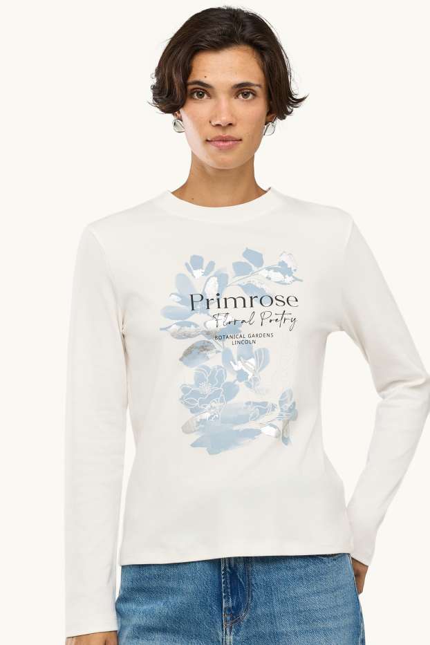 Donna - Maglia a maniche lunghe - regular fit - effetto brillante - a fiori - bianco