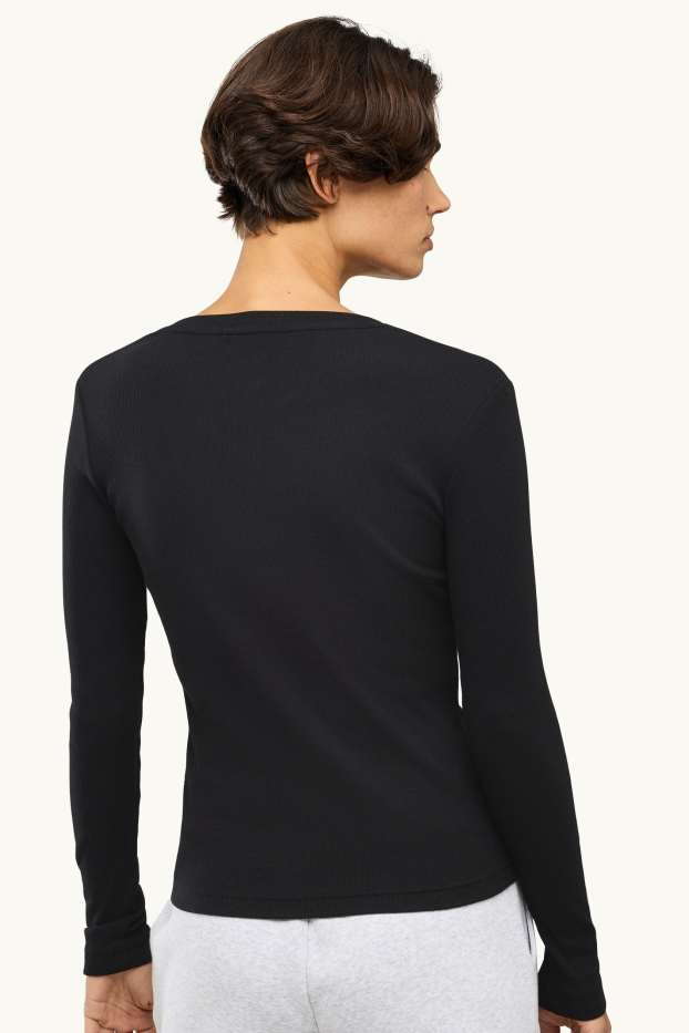 Dames - Henley-shirt - slim fit - geribd - zwart