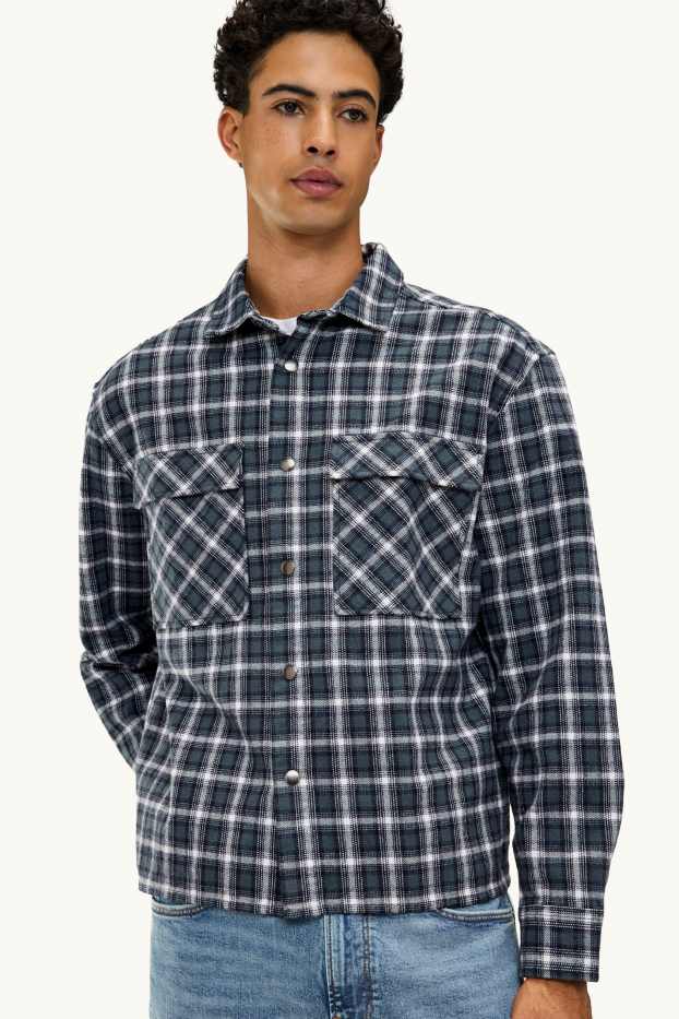 Hommes - Chemise - relaxed fit - col kent - à carreaux - bleu foncé / blanc