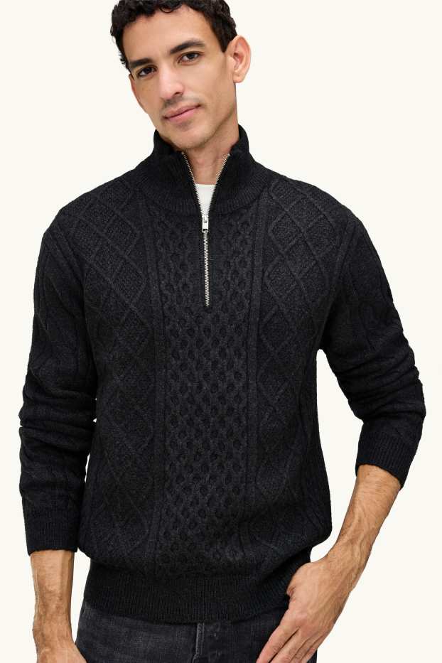 Hommes - Pull - motif tressé - noir