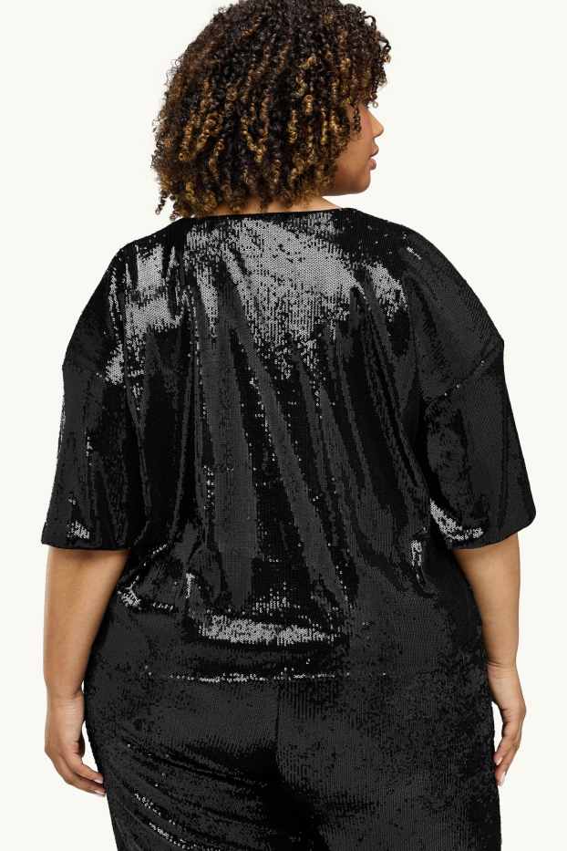 Dames - Blouse met pailletten en V-hals - zwart / zilver