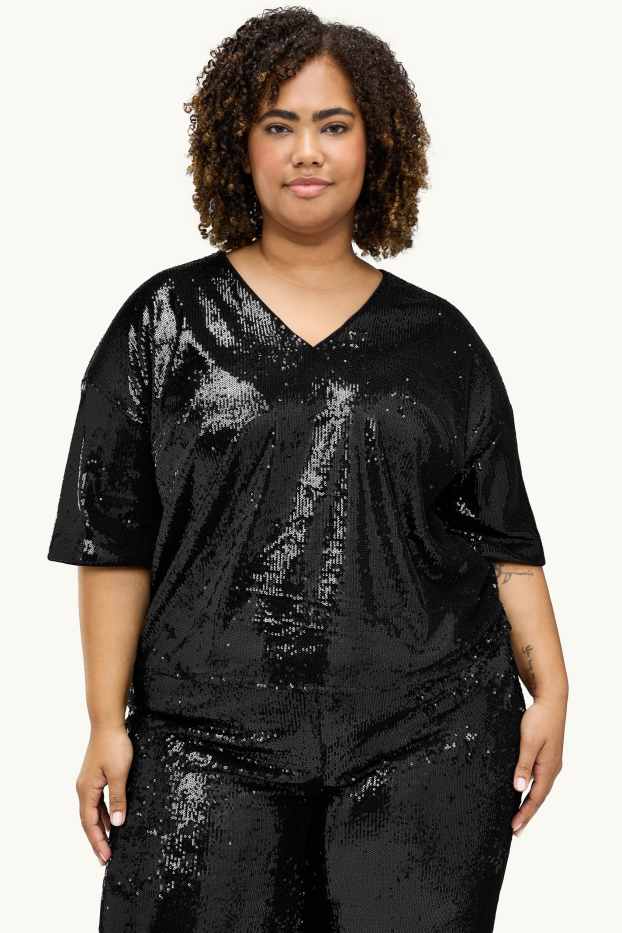 Dames - Blouse met pailletten en V-hals - zwart / zilver