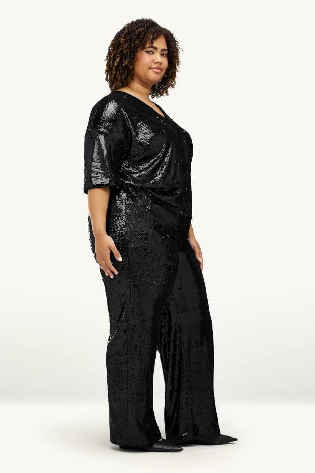 Dámské - Pajetkové kalhoty - high waist - wide leg - černá
