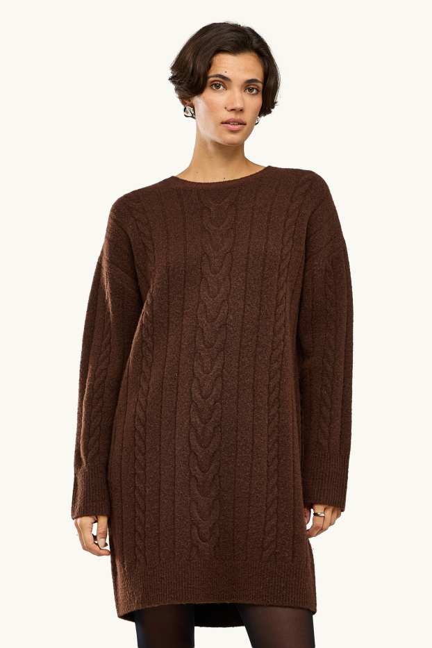 Femei - Rochie din tricot - straight fit - cu torsade - maro închis