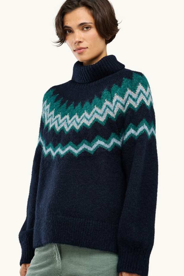 Damen - Rollkragenpullover - gemustert - Glanz-Effekt - dunkelgrün / dunkelblau
