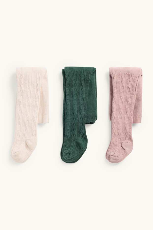Baby Jungen - Multipack 3er - Baby-Thermo-Strumpfhose - Zopfmuster - rosa / dunkelgrün