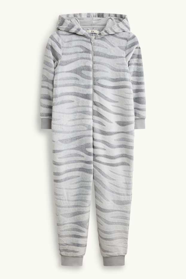 Children Girls - Fleece onesie with hood - white / gray