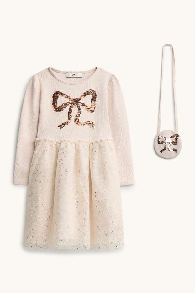 Bambine - Fiocco - set - vestito e borsa - effetto brillante - 2 pezzi - rosa / beige