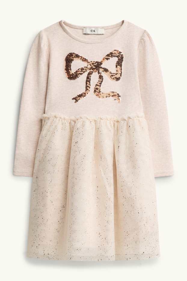Bambine - Fiocco - set - vestito e borsa - effetto brillante - 2 pezzi - rosa / beige