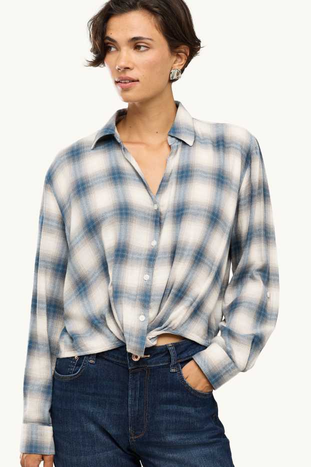 Dames - Overhemdblouse - geruit - blauw / wit