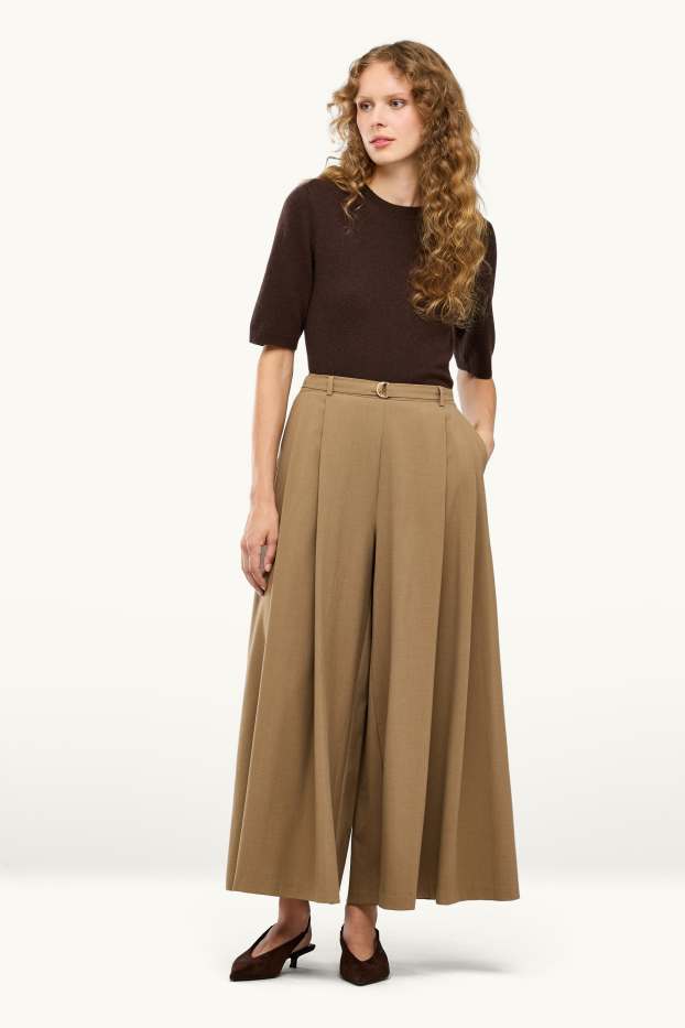 Dona - Pantalons de tela amb cinturó - high waist - wide leg - beix