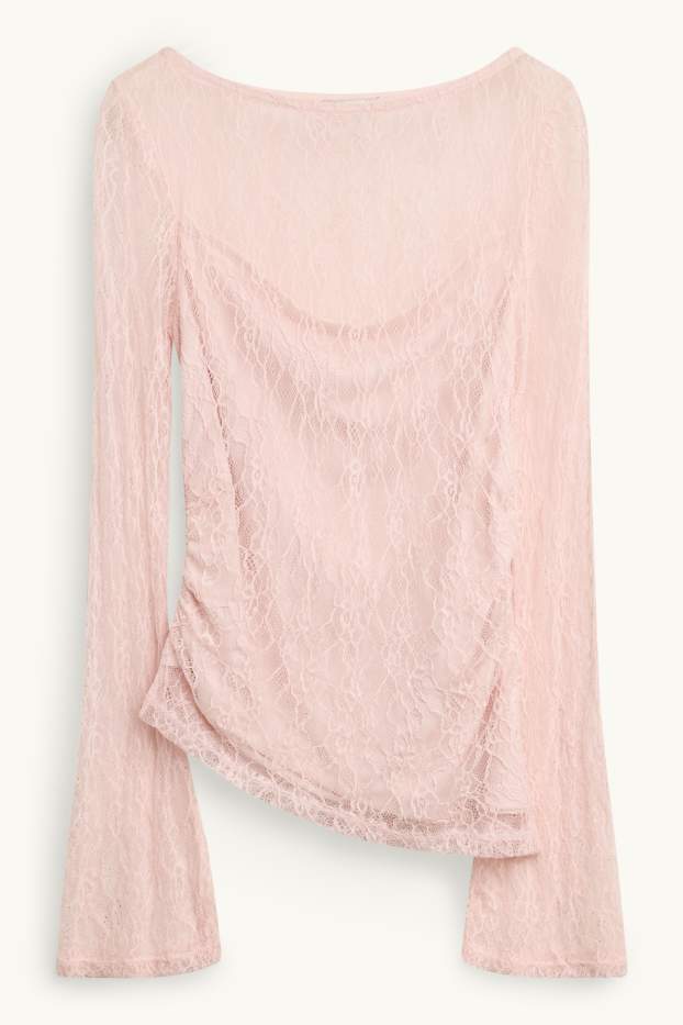 Dámské - Krajkové tričko s dlouhým rukávem - slim fit - narůžovělá
