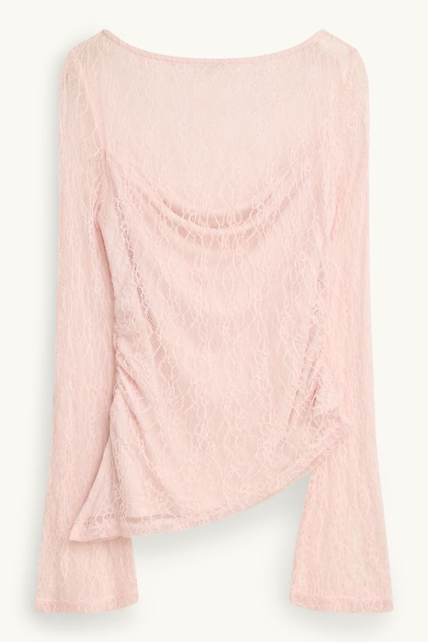 Dámské - Krajkové tričko s dlouhým rukávem - slim fit - narůžovělá