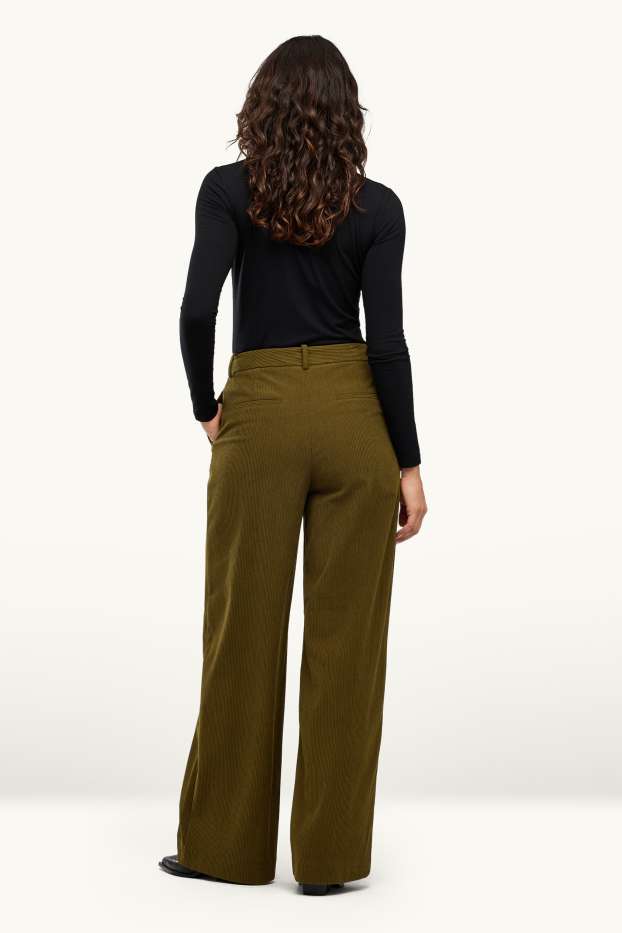 Femei - Pantaloni din catifea reiată - talie înaltă - wide leg - verde închis