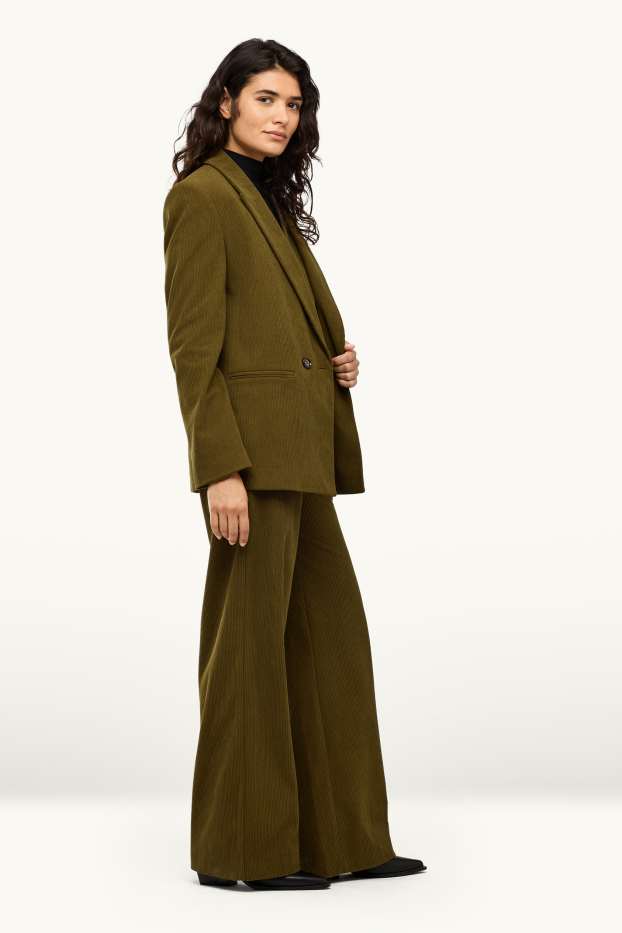 Femei - Pantaloni din catifea reiată - talie înaltă - wide leg - verde închis