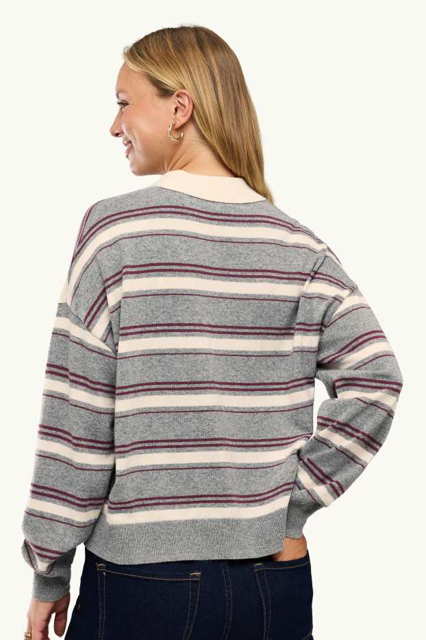 Femmes - Polo à manches longues - regular fit - à rayures - gris