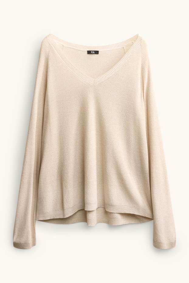 Damen - Pullover mit V-Ausschnitt - Glanz-Effekt - cremefarben