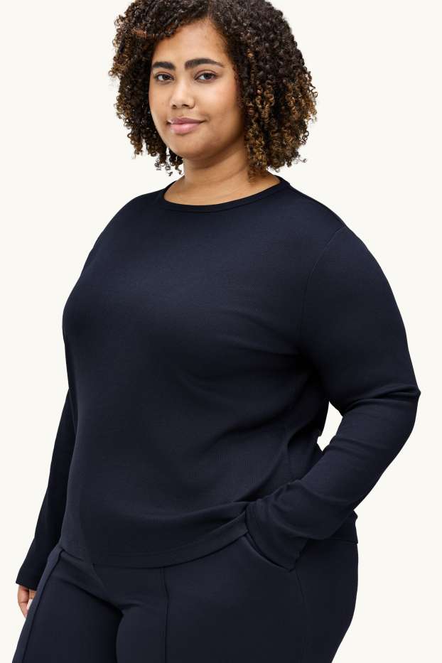 Femei - Tricou cu mânecă lungă - slim fit - reiat - albastru închis