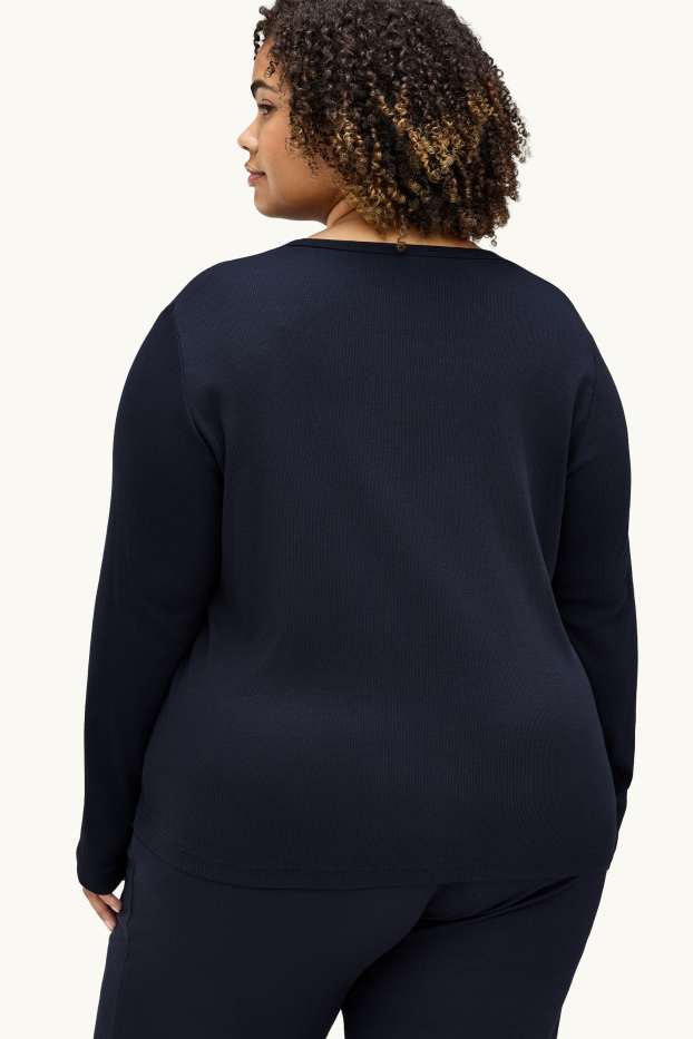 Femei - Tricou cu mânecă lungă - slim fit - reiat - albastru închis
