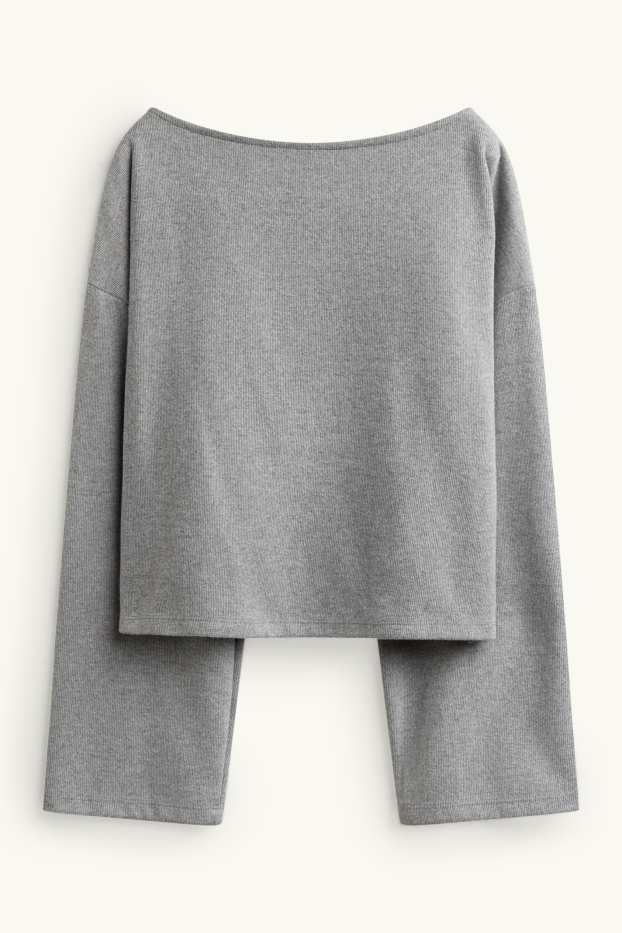 Dámské - Tričko s dlouhým rukávem - relaxed fit - žebrované - šedá-žíhaná