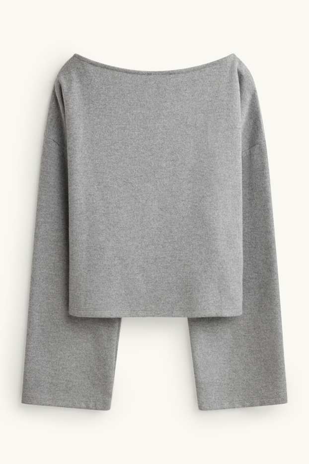 Dámské - Tričko s dlouhým rukávem - relaxed fit - žebrované - šedá-žíhaná