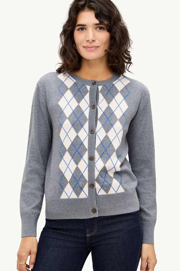 Damen - Strickjacke - kariert - grau