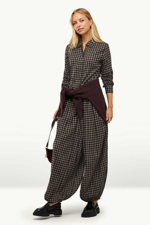 Dona - Pantalons orientals - mid waist - barrel leg - de quadres - negre/beix