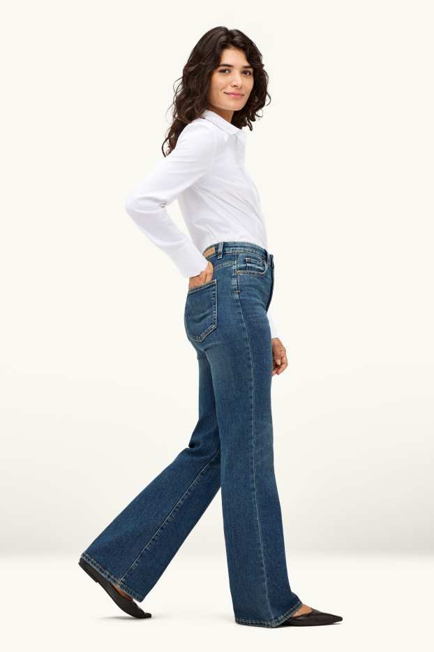 Damen - Flared Jeans - High Waist - dunkeljeansblau