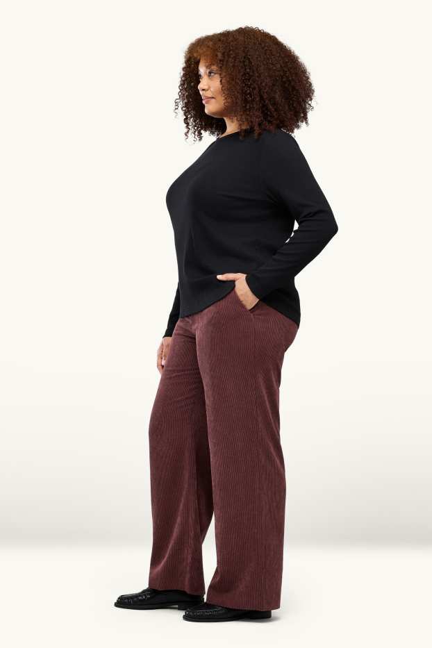 Femmes - Pantalon en velours côtelé - mid waist - jambes larges - bordeaux