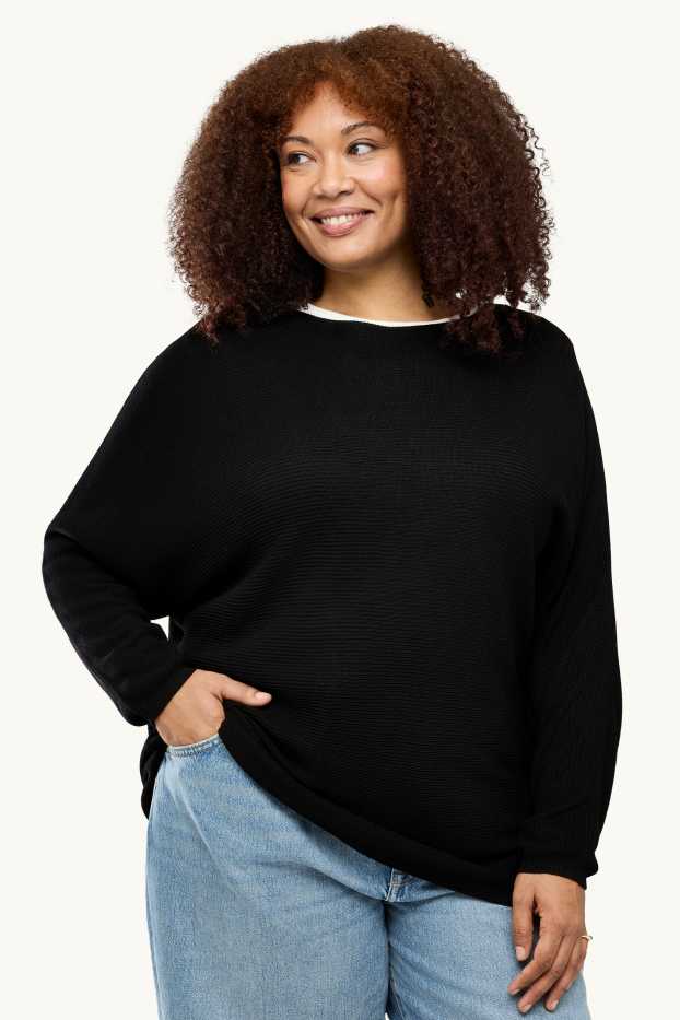 Damen - Pullover - gerippt - schwarz