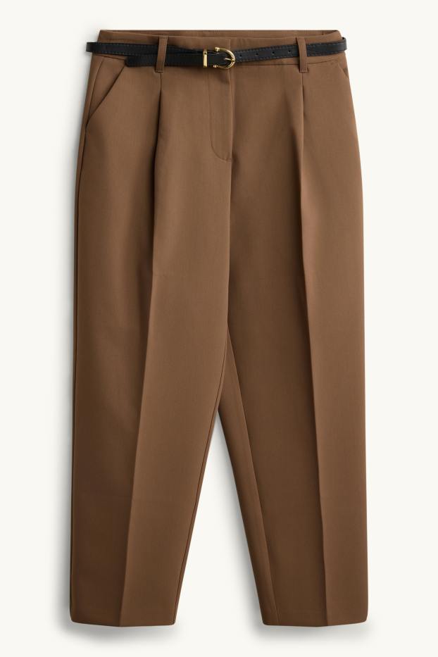Dames - Pantalon met riem - high waist - tapered fit - bruin