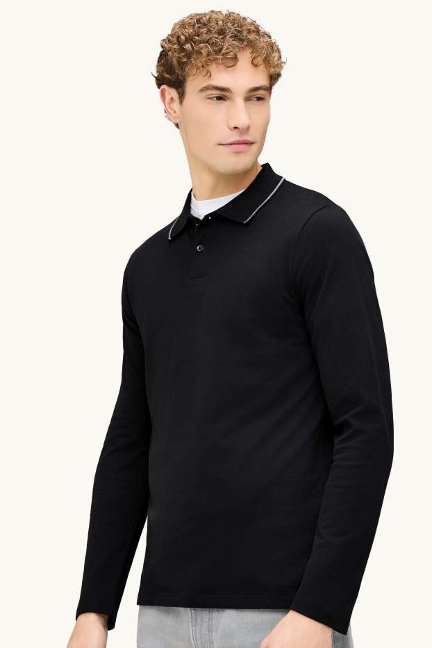 Hommes - Polo à manches longues - slim fit - noir