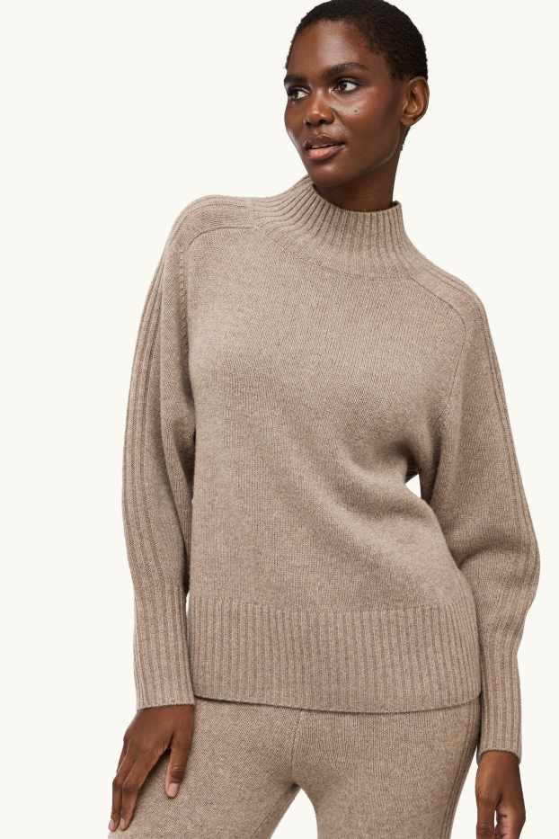Women - Jumper with stand-up collar and cashmere content - wool blend - light brown